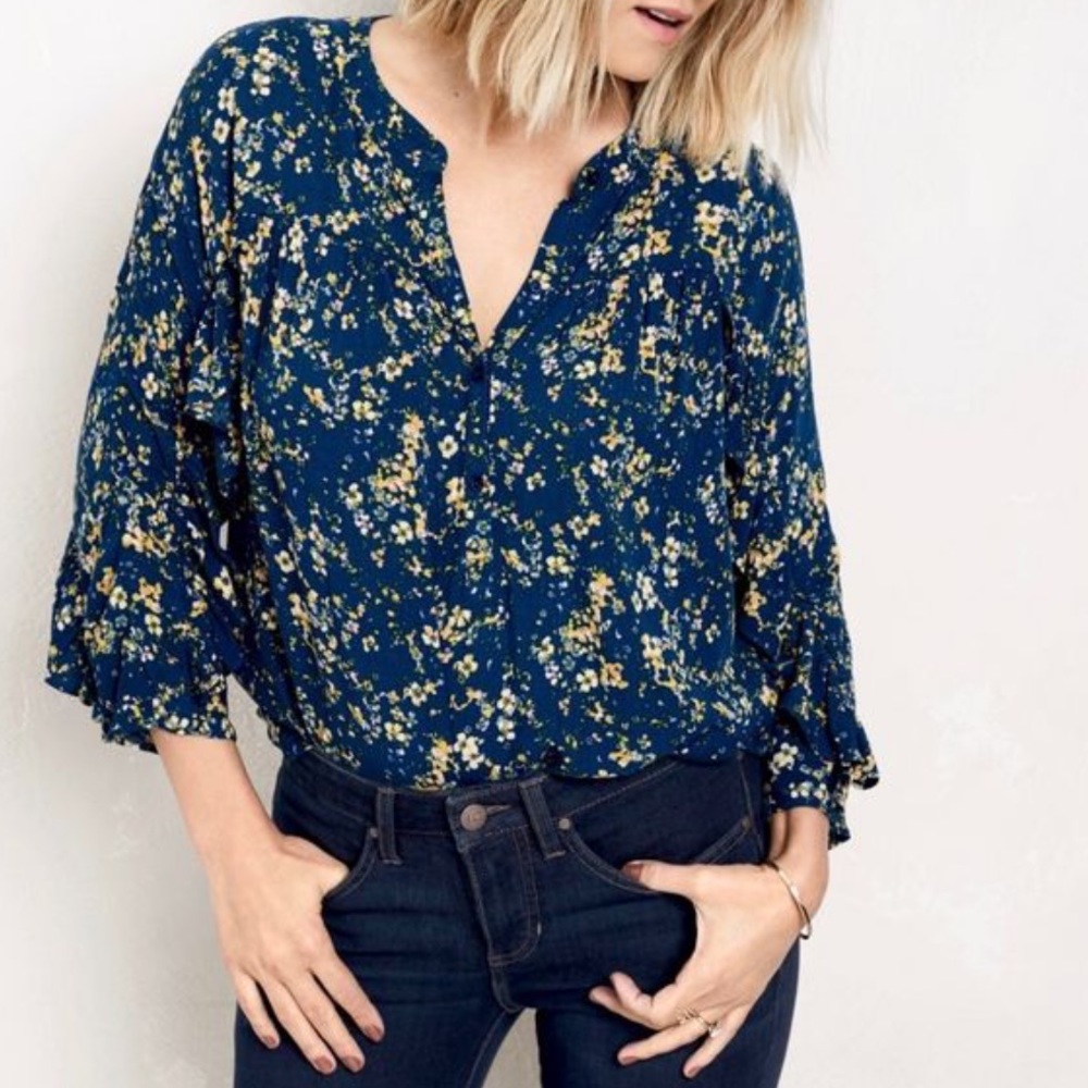 🌼5 for 25🌼 LC Lauren Conrad Top Blouse Long Sleeve Back Blue Yellow Size XS